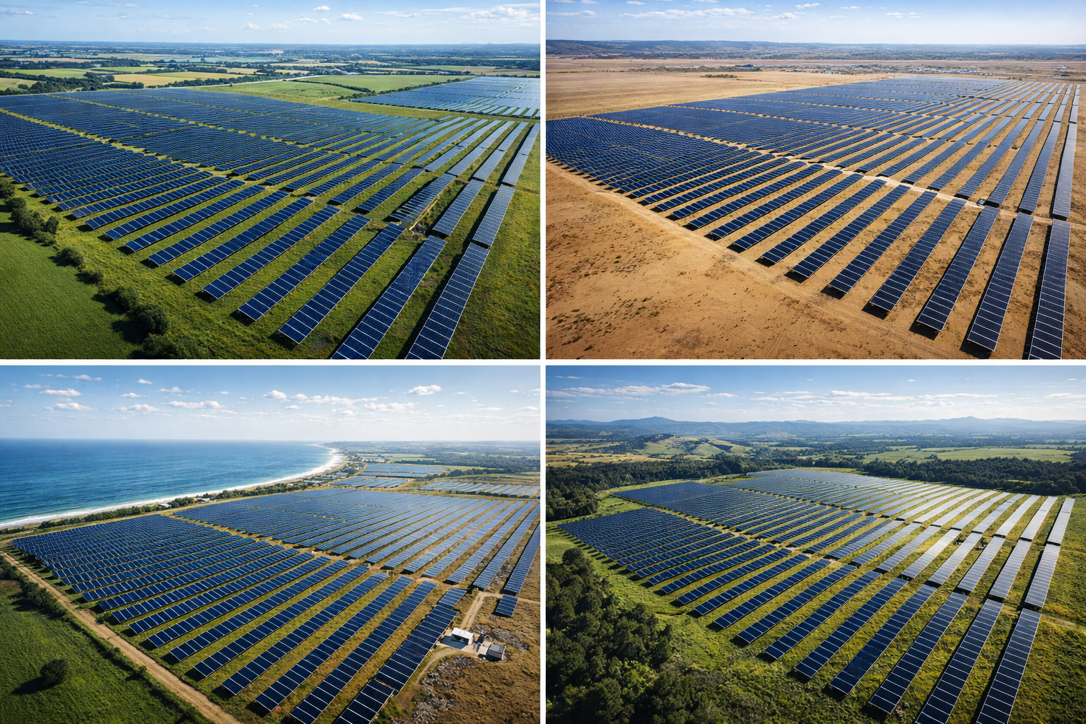 Composite aerial view of four solar farm sites across different terrains showing consistent quality