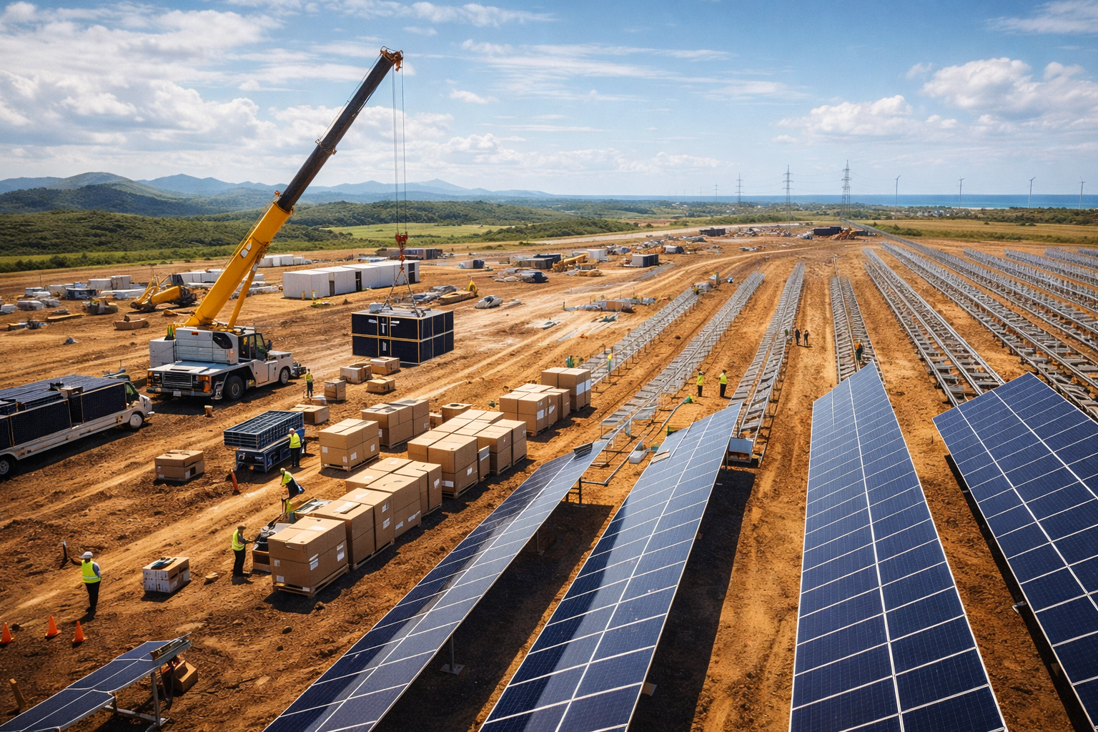 Aerial view of massive solar farm construction site in early stages