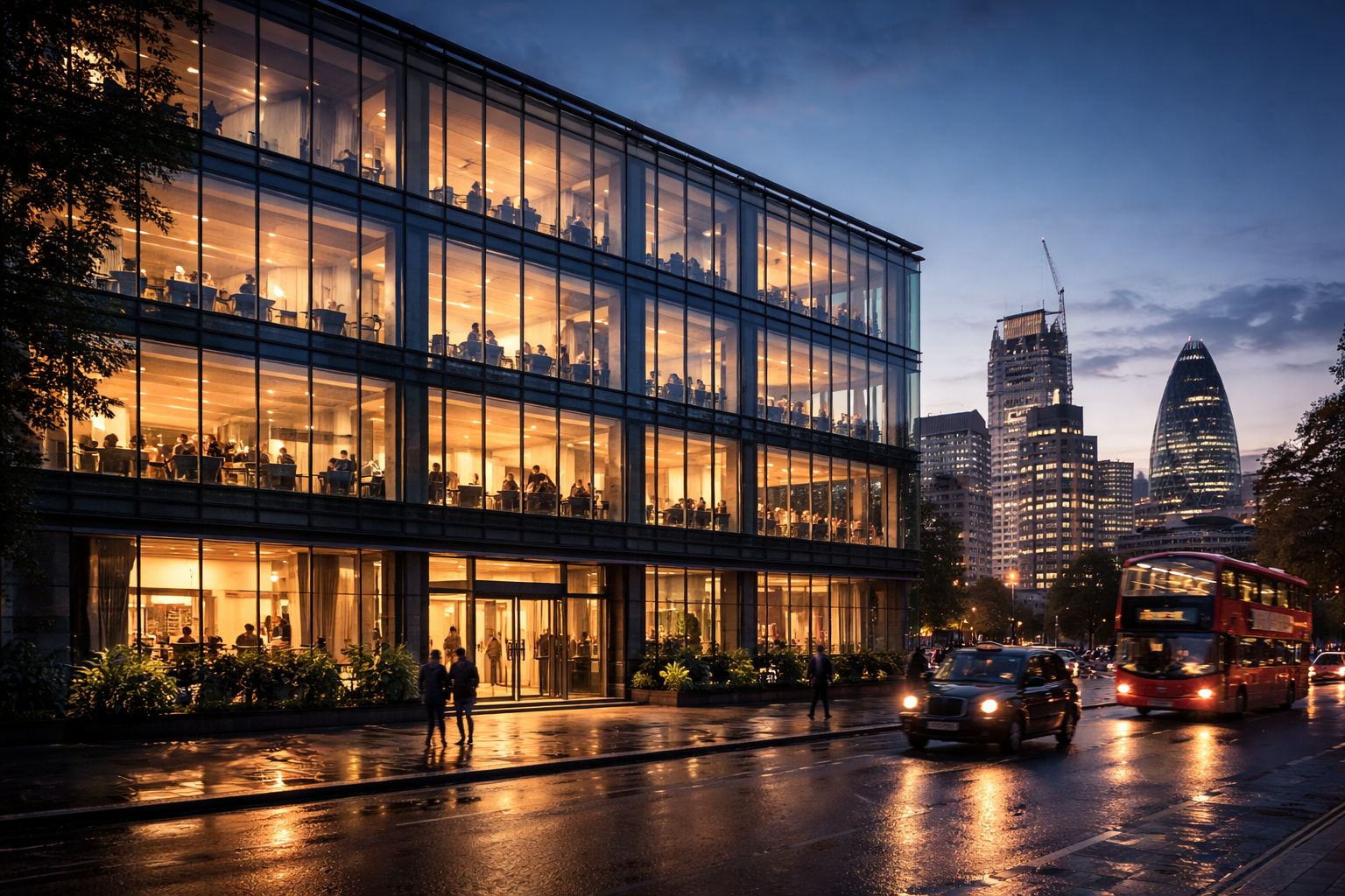Modern London office building exterior at twilight with warm interior lighting