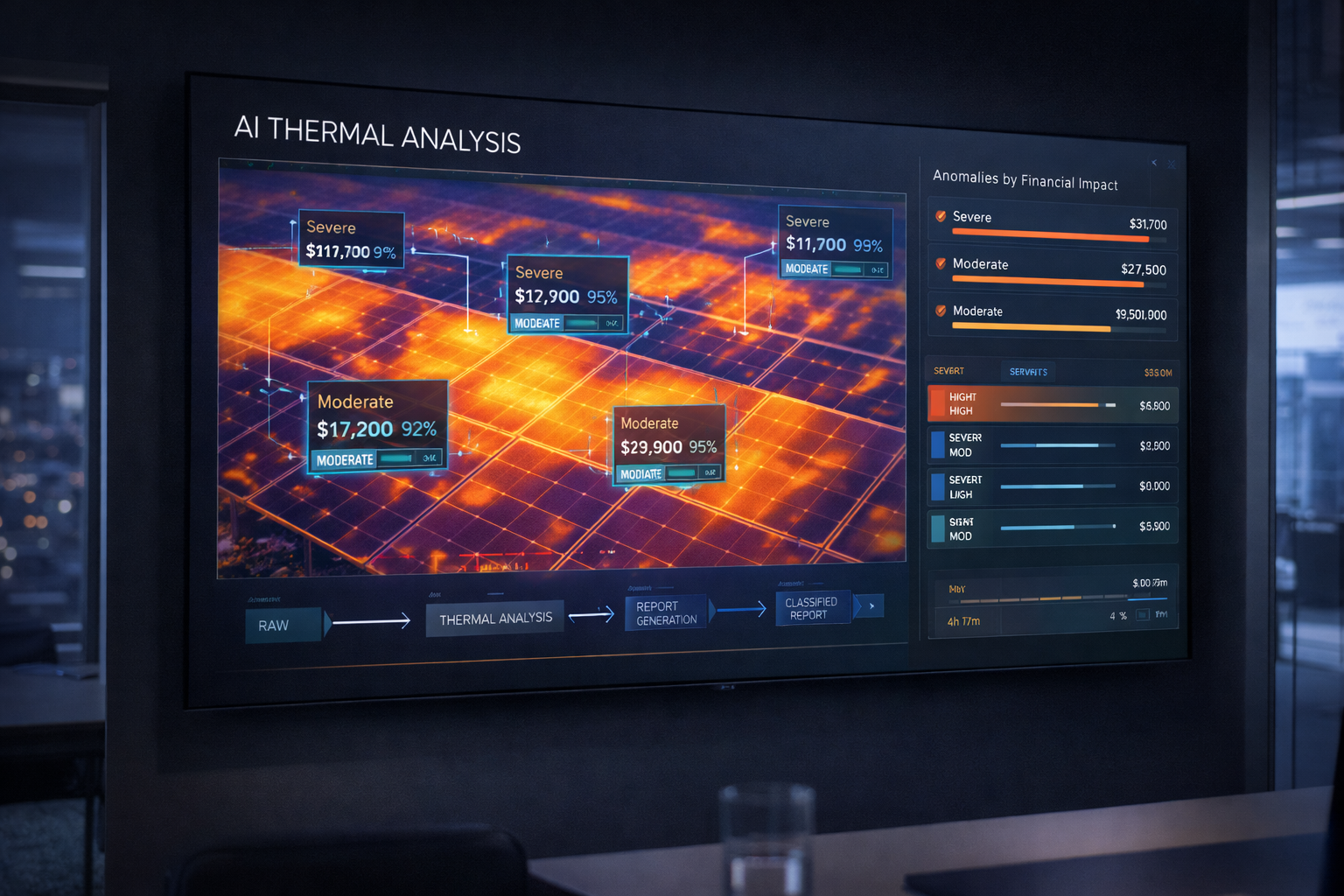 Wall display showing AI thermal analysis dashboard with detection overlays