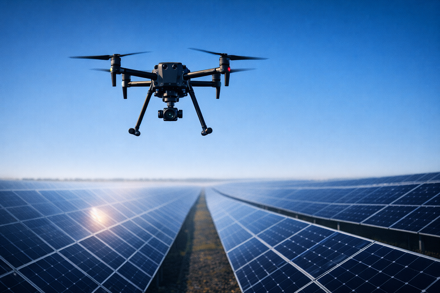 Professional surveying drone hovering above rows of solar panels during an autonomous inspection mission