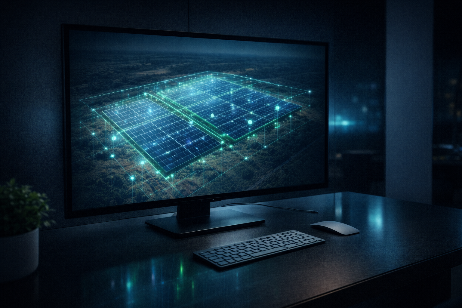 3D digital twin visualisation of a utility-scale solar farm showing component-level data