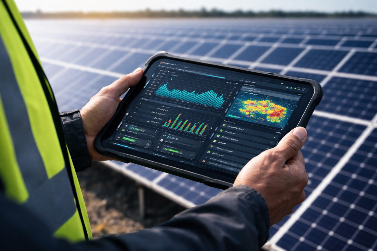 Field technician reviewing predictive maintenance analytics on a ruggedised tablet at a solar site