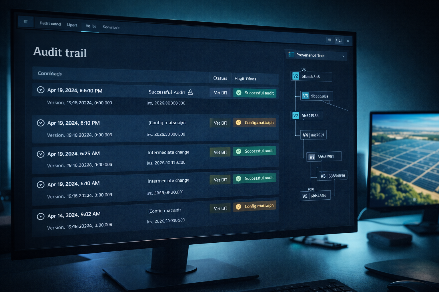 Monitor displaying structured audit trail interface with timestamped log entries