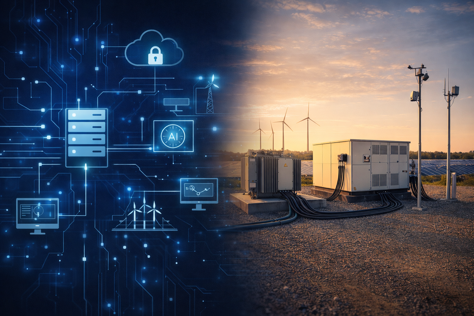 Data center server racks through glass door with blinking status LEDs