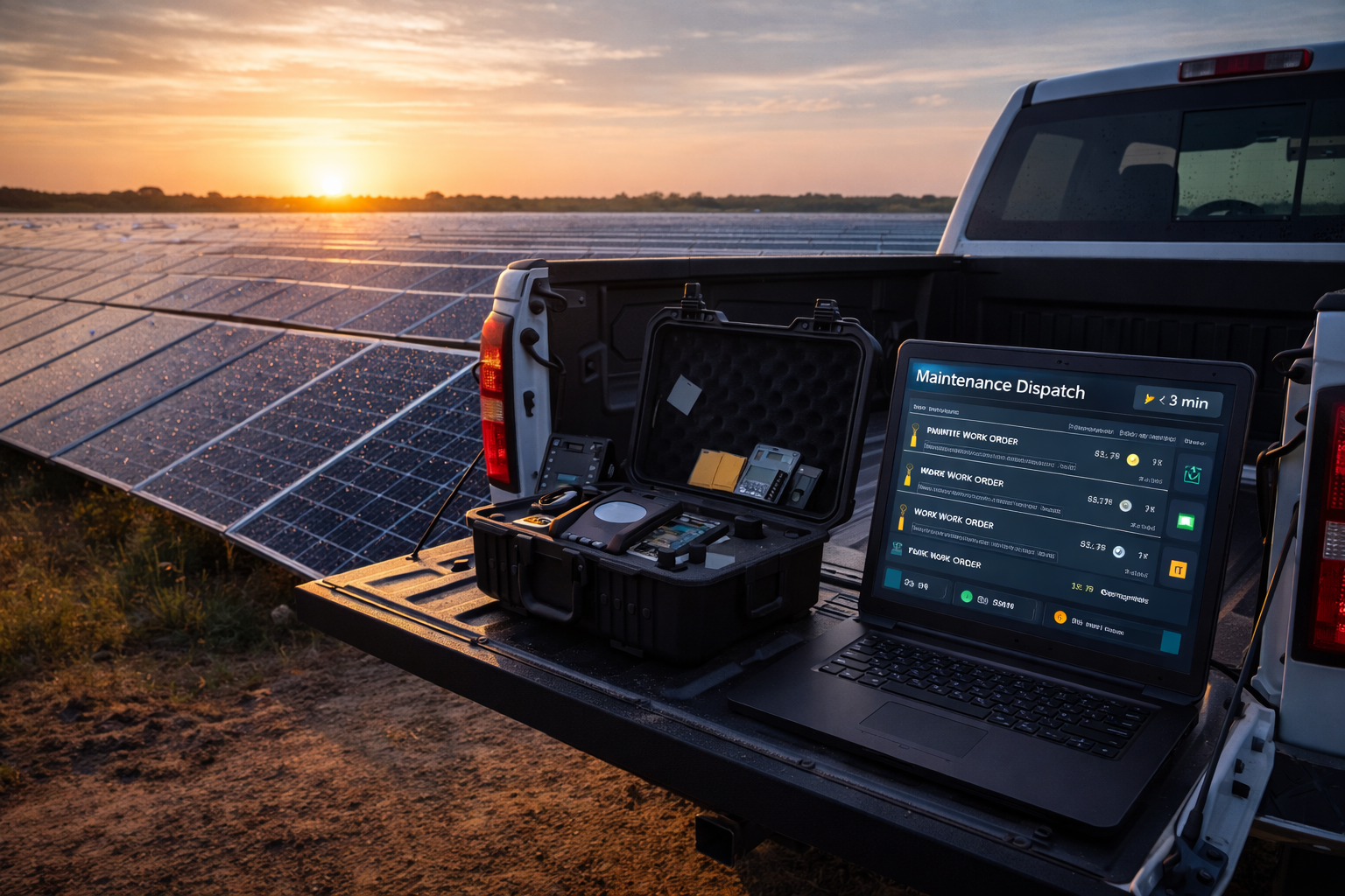 Field maintenance crew with ruggedized laptop showing dispatch priorities at sunrise