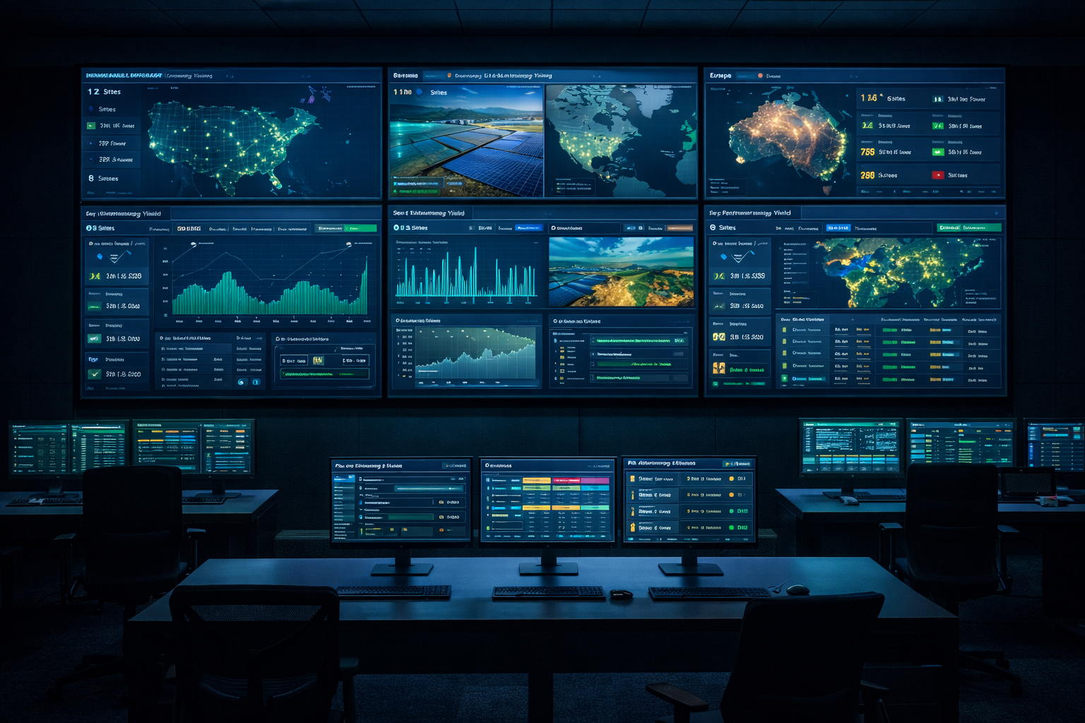 Operations center video wall showing fleet management dashboard across multiple solar sites